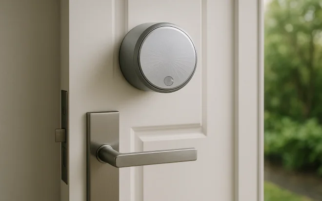 Modernes Smart-Lock an einer weißen Eingangstür mit silbernem Griff und grünem Hintergrund
