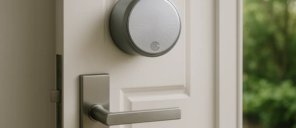 Modernes Smart-Lock an einer weißen Eingangstür mit silbernem Griff und grünem Hintergrund