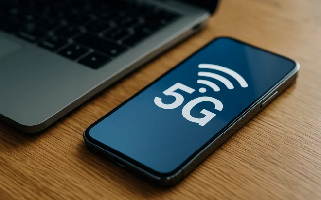 Smartphone mit 5G-Logo auf dem Display, neben einem Laptop auf Holztisch