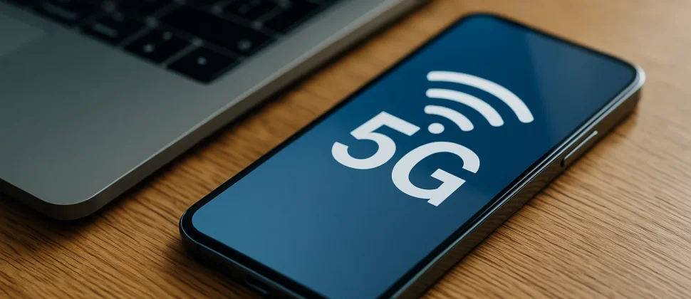 Smartphone mit 5G-Logo auf dem Display, neben einem Laptop auf Holztisch
